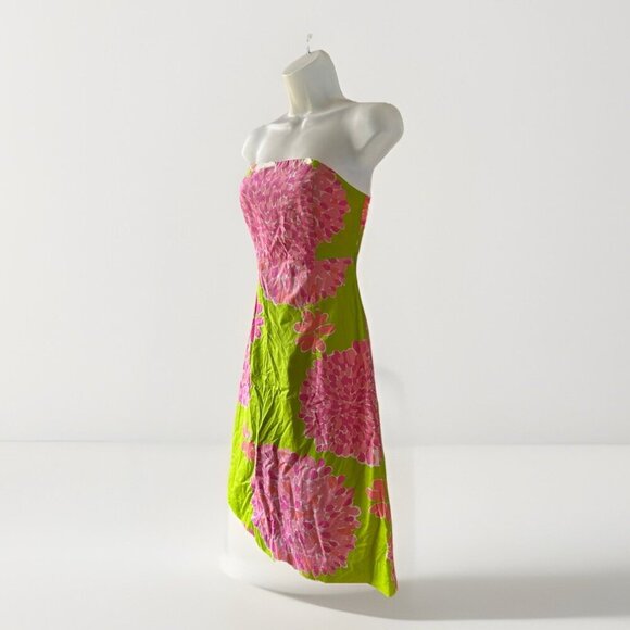Lilly Pulitzer Strapless A-Line Dress Tie-Back Pink Lime Floral Women's Size 2 - Picture 2 of 7
